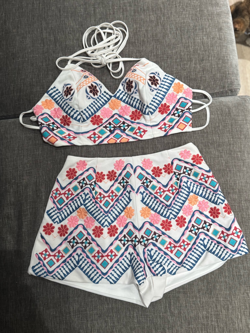 Lulus white & pink geometric and floral print two piece set